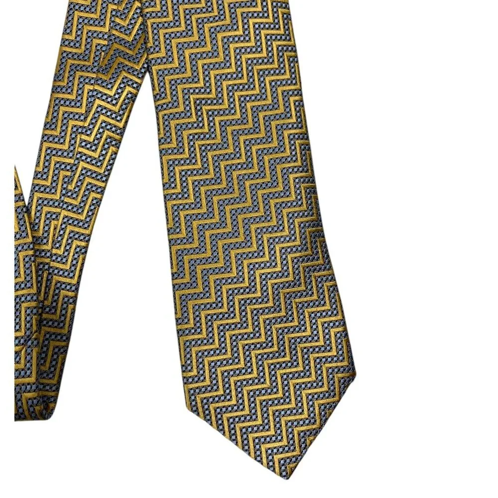 Ermenegildo Zegna Silk Tie Yellow‑Gold & Blue‑Gray Geometric Italy 3.3” x 58